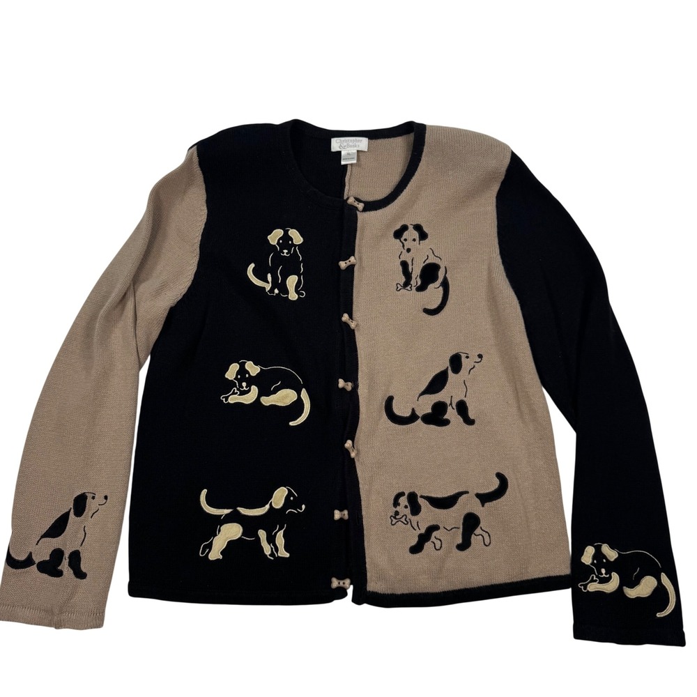 Christopher & Banks Dog Cardigan Sweater XL Black Tan Bone Buttons Vintage 2004